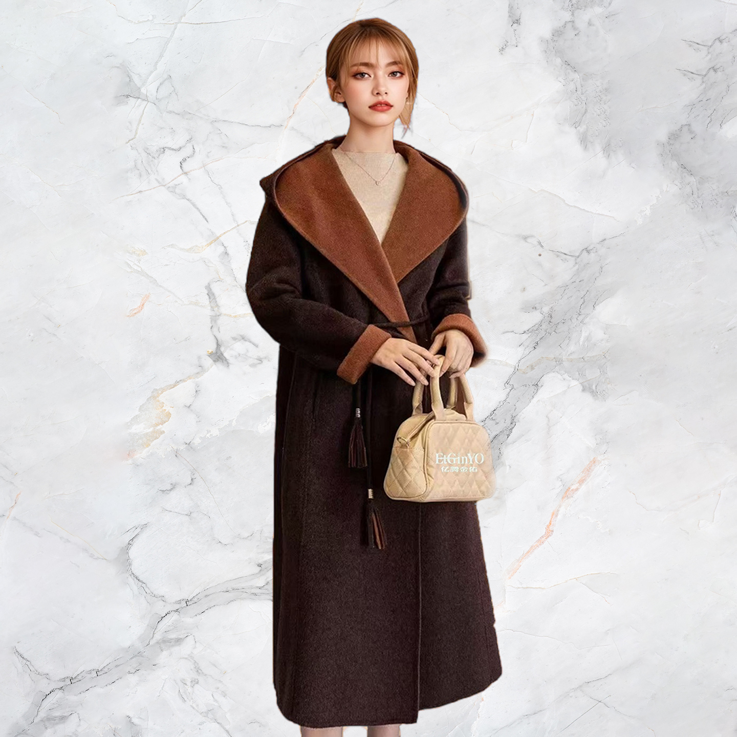 高级新款双面手工撞色宽松大衣