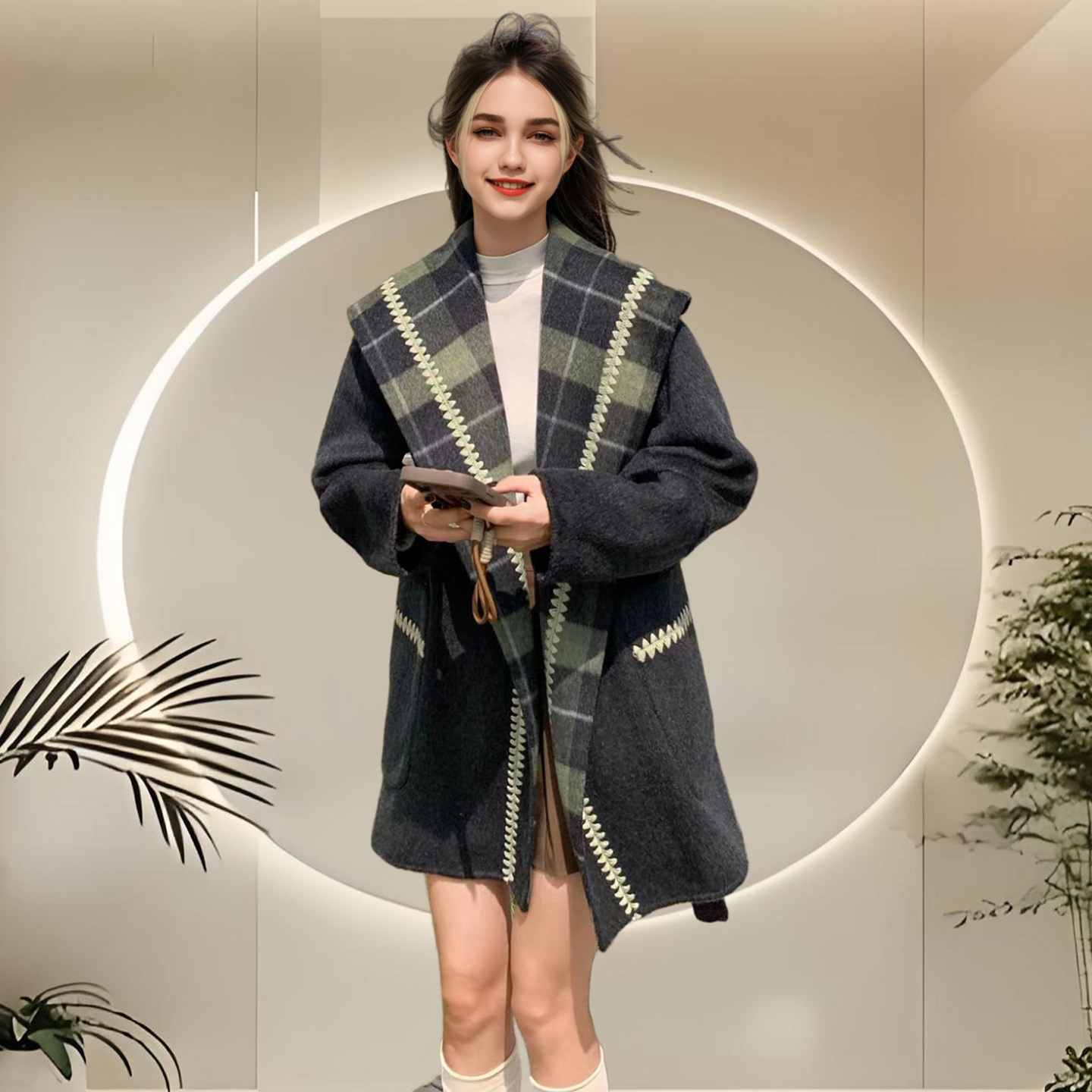 时尚气质，格子翻领收腰系带