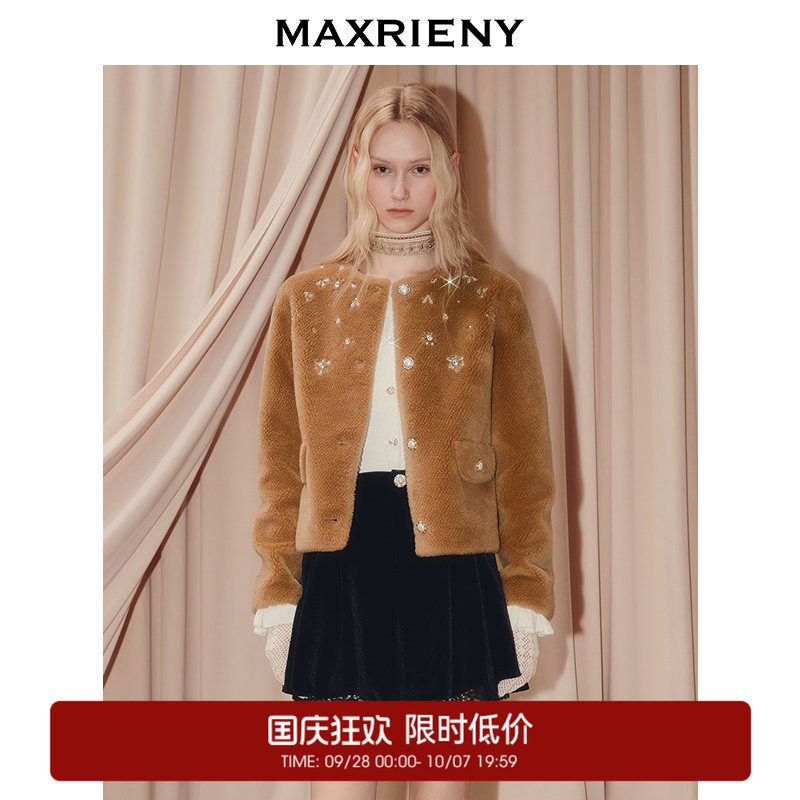 【奥莱】MAXRIENY巴恩风穿搭羊绒外套钉钻羊毛H型外搭上衣图片