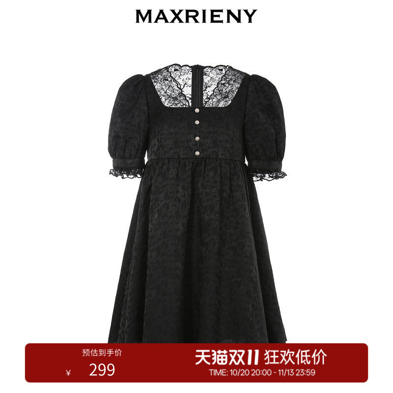 【奥莱】MAXRIENY蕾丝娃娃裙冬季复古V领连衣裙A字裙