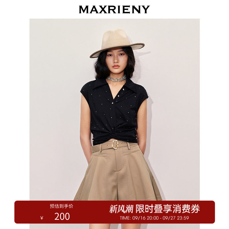 【奥莱】MAXRIENY精致休闲烫钻上衣腰部镂空小众图片