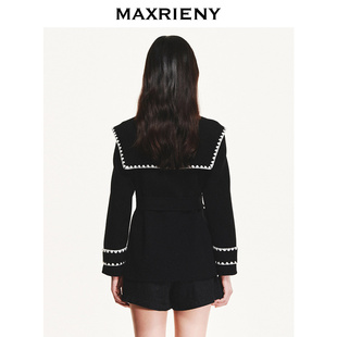 撞色复古风衣外套女 奥莱 MAXRIENY海军风大翻领收腰大衣冬装