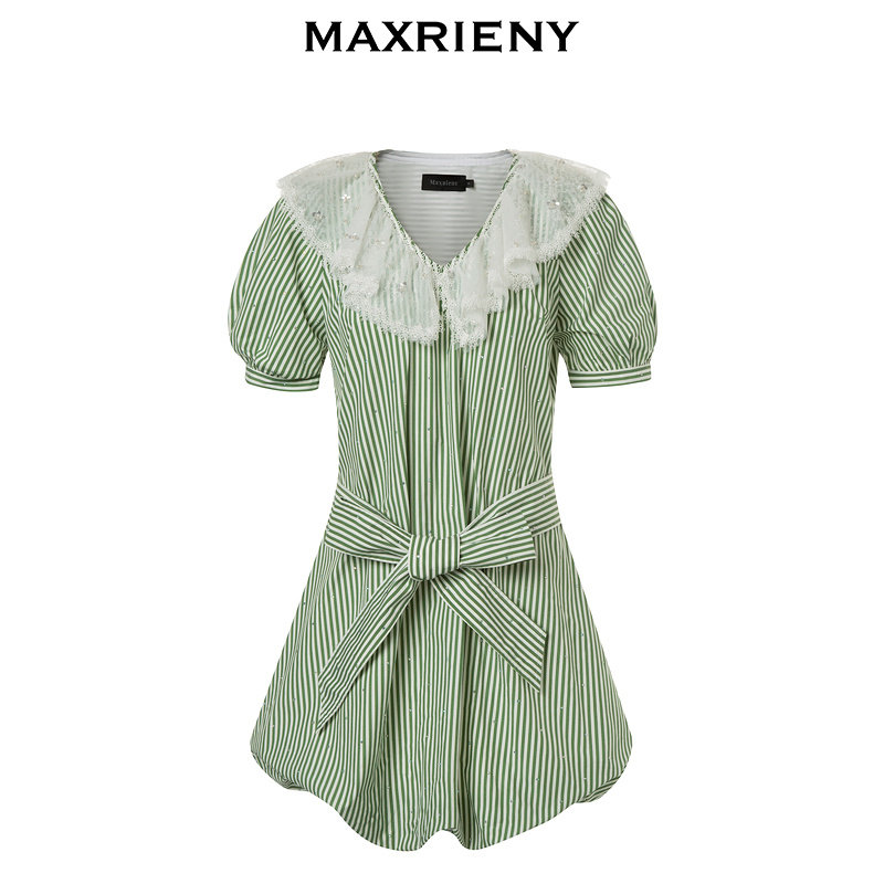 【奥莱】MAXRIENY田园风连衣裙夏季荷叶边领条纹娃娃裙