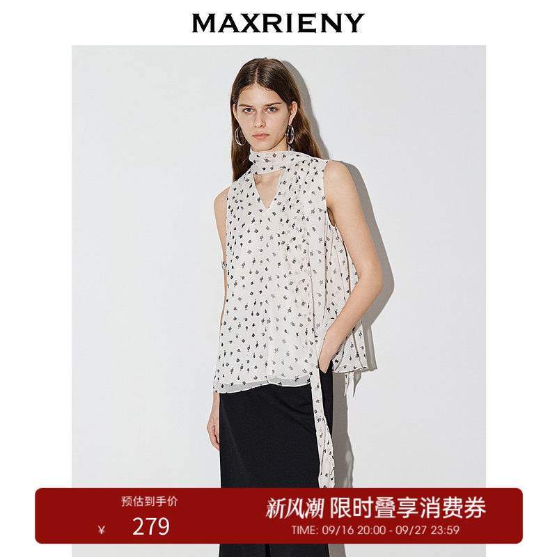 【奥莱】MAXRIENY无袖飘带衬衫V领上衣轻薄款印花系带衬衣图片