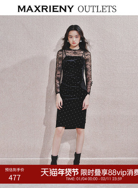 【奥莱】MAXRIENY黑色百搭复古波点泡泡袖连衣裙赫本风裙子