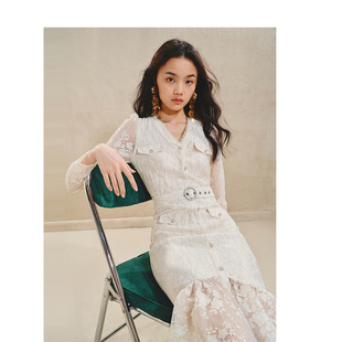 MAXRIENY精致浪漫蕾丝连衣裙鱼尾荷叶边长裙裙子 奥莱