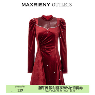MAXRIENY精致宫廷红丝绒连衣裙氛围裙子 奥莱