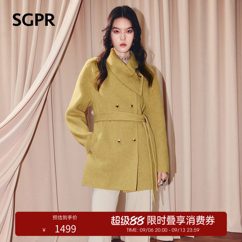 双排扣双面呢羊毛大衣，蝴蝶结绑带设计