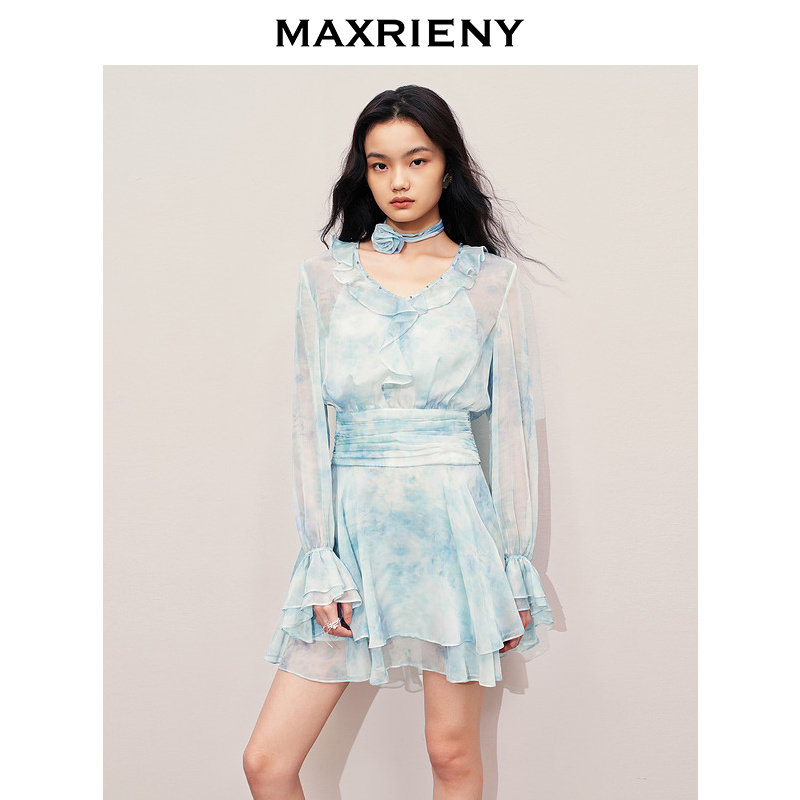 【奥莱】MAXRIENY浪漫度假连衣裙晕染印花仙女森系裙子