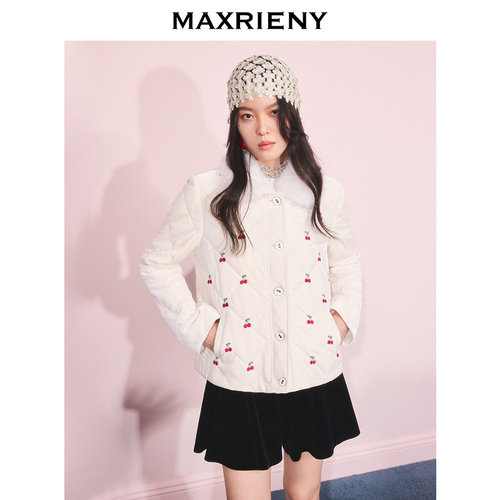 樱桃刺绣修身棉服，樱桃刺绣装饰，樱桃纽扣