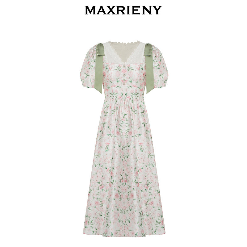【奥莱】MAXRIENY欧式园艺风碎花裙夏款连衣裙飘带茶歇裙女