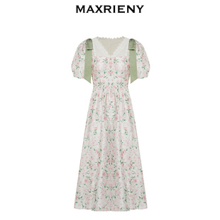 园艺风碎花裙夏款 MAXRIENY欧式 连衣裙飘带茶歇裙女 奥莱