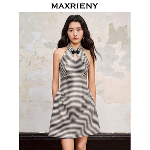 【奥莱】MAXRIENY中式宫廷复古千鸟格挂脖连衣裙无袖A摆裙子