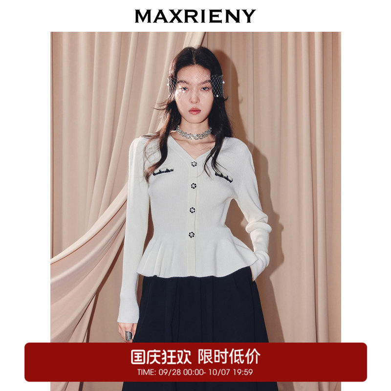 【奥莱】MAXRIENY复古v领针织外套收腰长袖上衣名媛穿搭图片