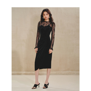 浪漫连衣裙蕾丝丝绒长裙抽褶包臀年 MAXRIENY法式 奥莱