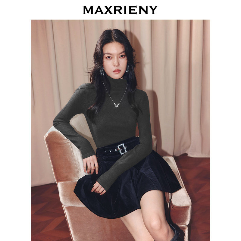 【奥莱】MAXRIENY穿搭内搭灰色长袖t恤修身半高领打底上衣