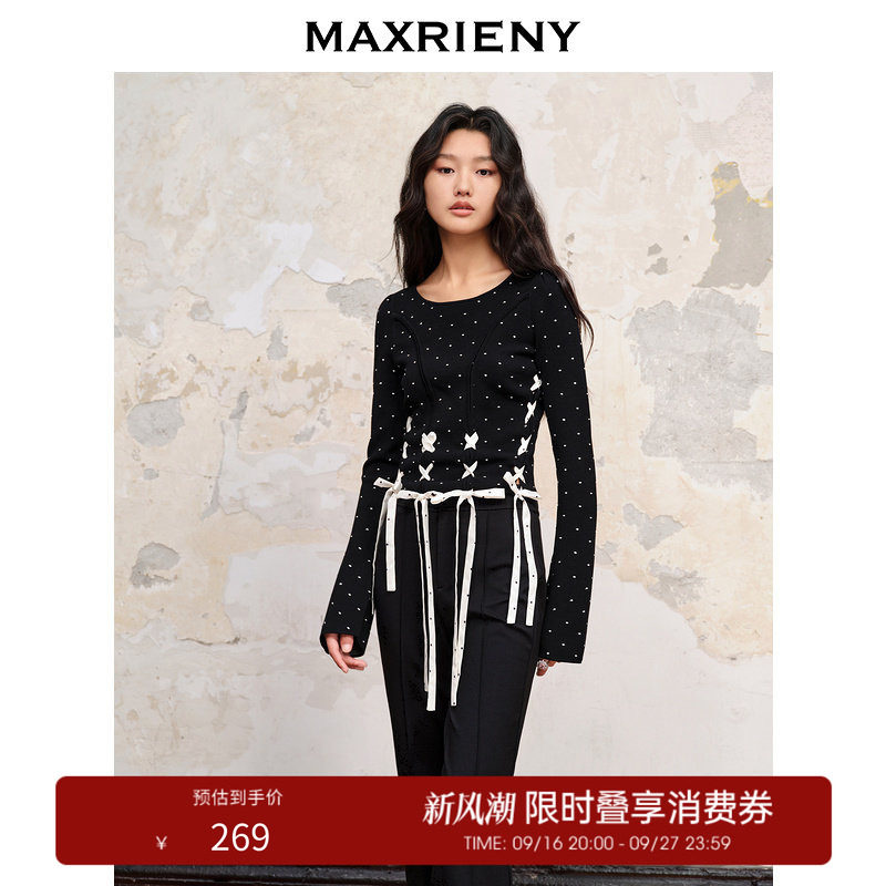 【奥莱】MAXRIENY赫本风芭蕾波点针织修身上衣图片