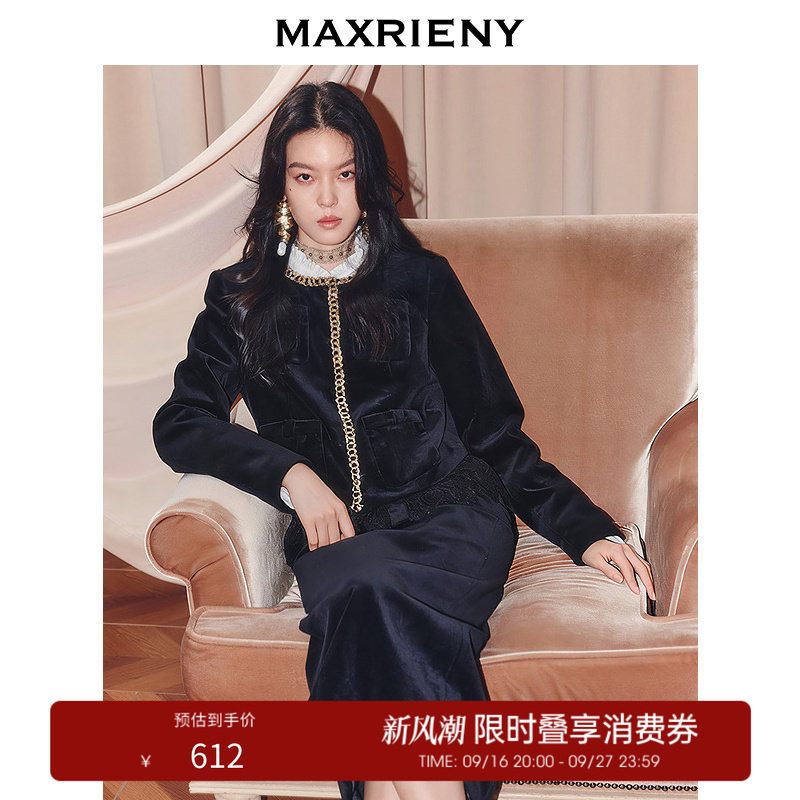 【奥莱】MAXRIENY宫廷奢华丝绒钻链箱型短外套名媛小香风穿搭图片