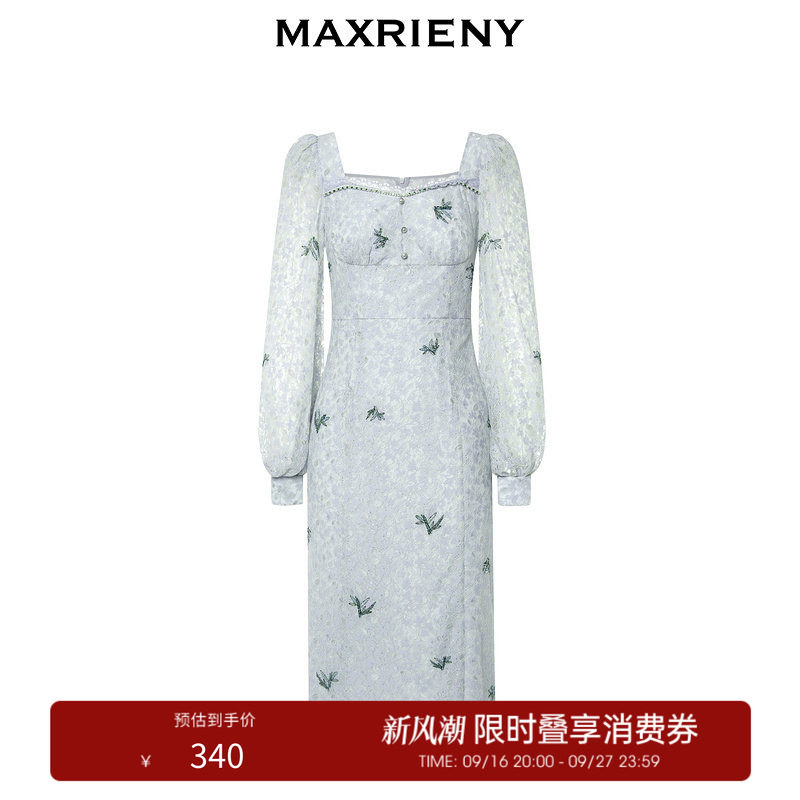 【奥莱】MAXRIENY复古提花连衣裙薄荷曼波风穿搭图片