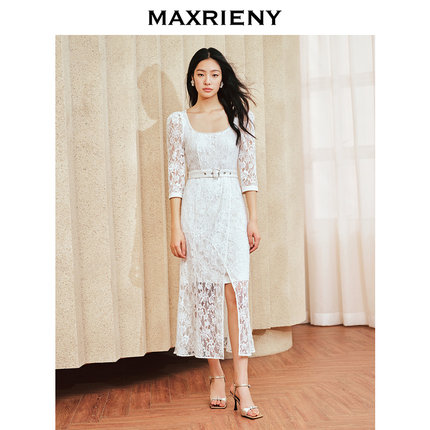 【奥莱】MAXRIENY浪漫复古U领鱼尾蕾丝连衣裙优雅裙