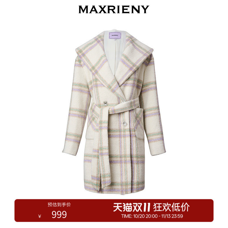 【奥莱】MAXRIENY极简大衣紫格纹大翻领设计简约外套女中长款