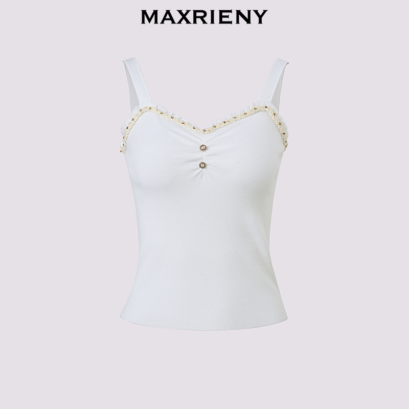 织带装饰针织吊带，精致织带，胸前收褶设计