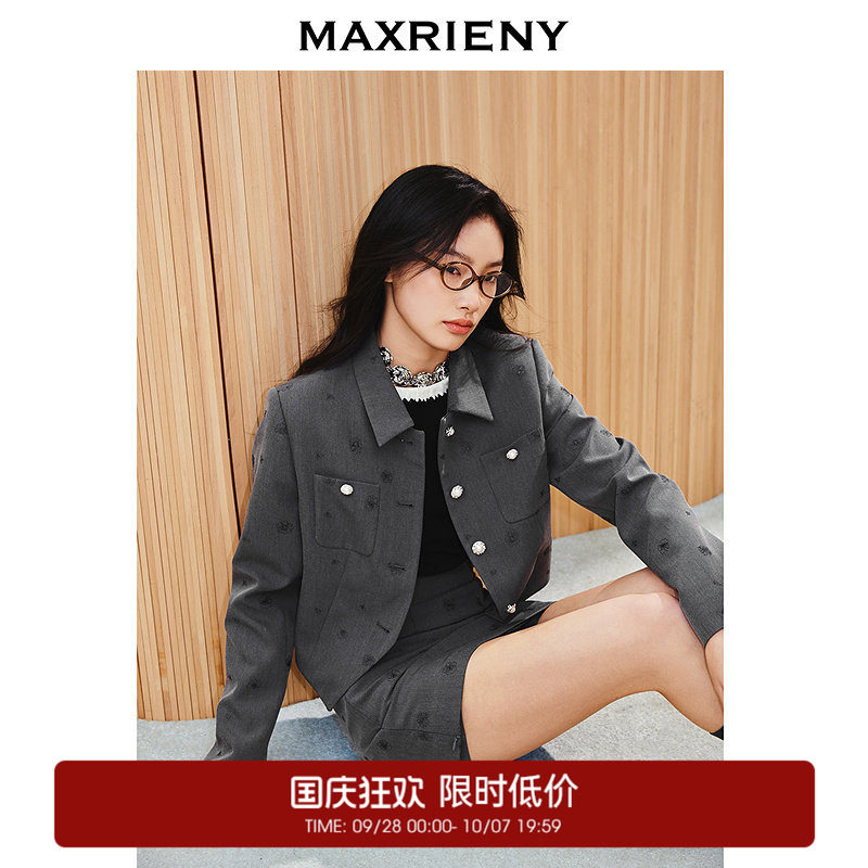 【奥莱】SGPR复古感绣花翻领短西装外套女浅系图片