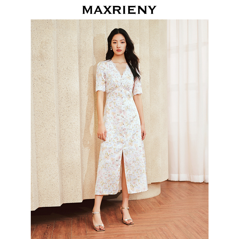 【奥莱】MAXRIENY浪漫复古感蕾丝钉珠连衣裙V领开叉长裙