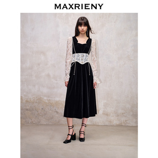 宫廷复古风拼接蕾丝丝绒连衣裙收腰裙子 MAXRIENY法式 奥莱