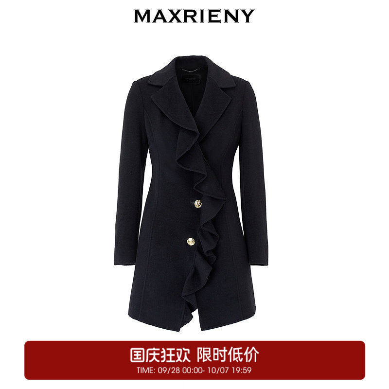 【奥莱】MAXRIENY收腰黑色优雅简约羊毛毛呢外套图片
