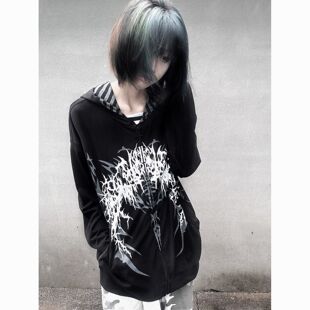 亚文化y2k街头连帽卫衣女薄款春秋季宽松拉链无性别薄外套上衣ins