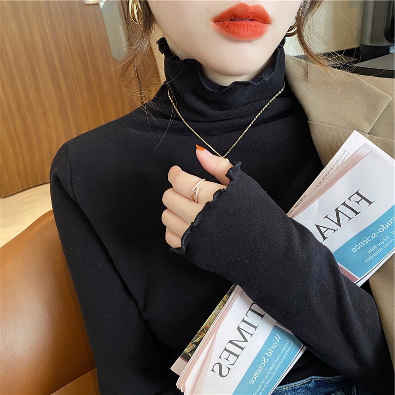 2025年春秋季新款德绒女半高领打底衫内搭木耳边长袖纯色百搭a280