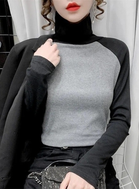 拼接色显瘦内搭打底衫长袖秋冬季新款百搭高领上衣双面德绒Ta960