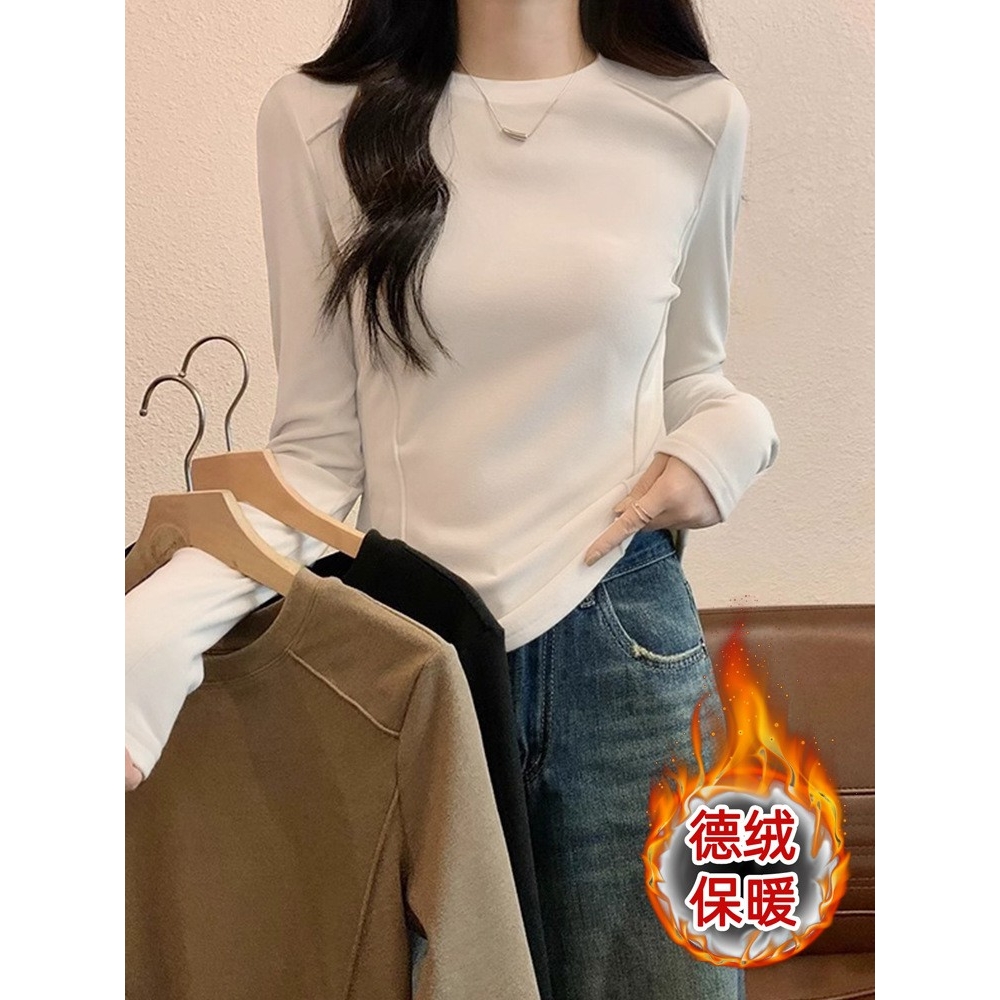 秋冬季新款韩版内搭女T恤不规则下摆拼接设计保暖德绒长袖打a941