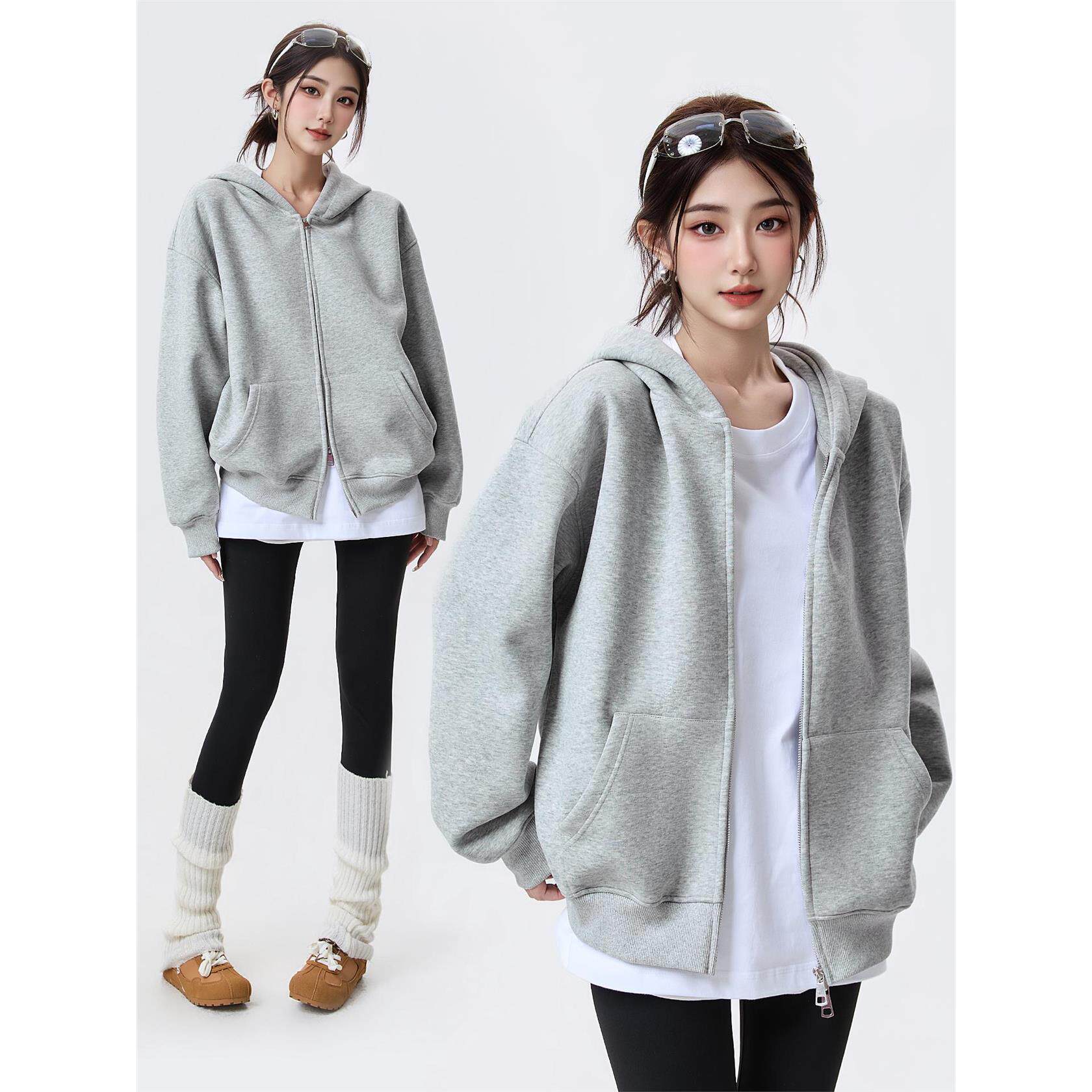 TEDIOUS灰色拉炼廓形连帽开衫卫衣女460g重磅春秋冬外套2025新款