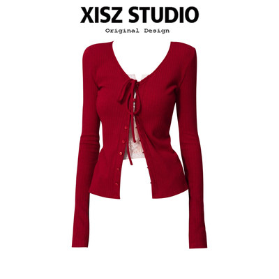 新年红色蝴蝶结系带针织