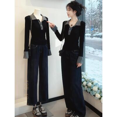 黑灰撞色半开翻领修身内