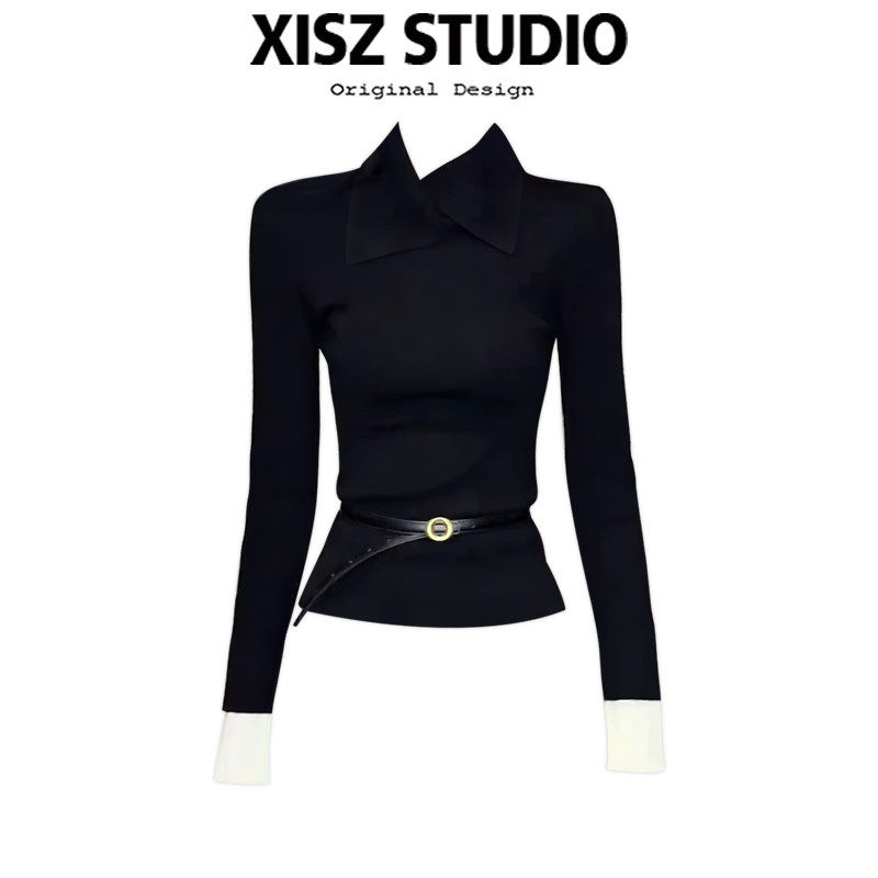 辣妹风气质时尚翻领拼色长袖针织T恤女秋季小众收腰显瘦内搭上衣