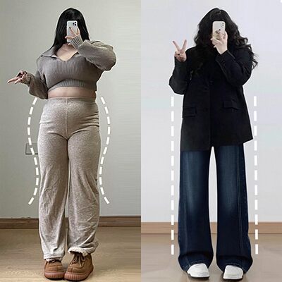 特大码女装蓝色高腰弹力