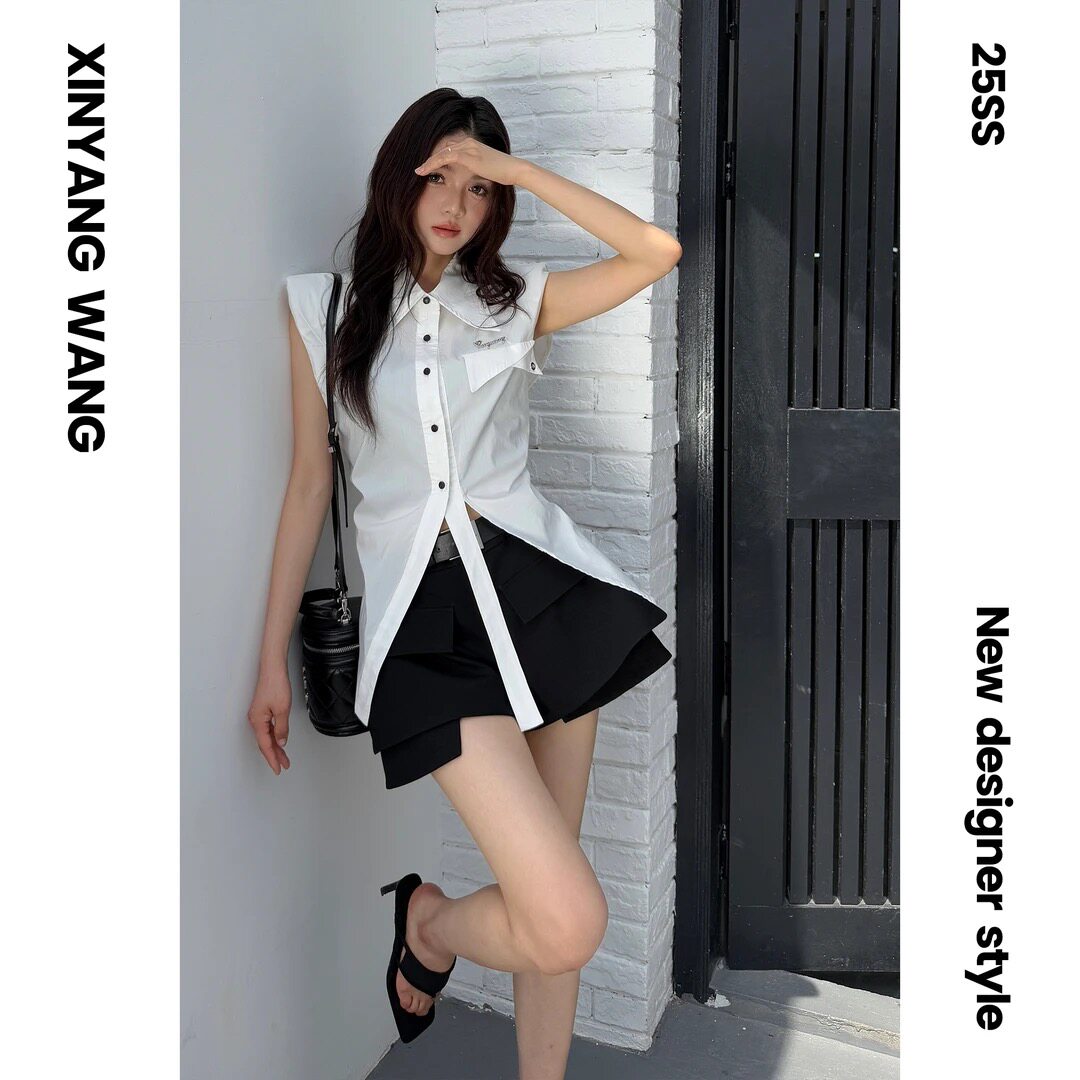 XYW2026新款小众辣妹时尚感假两件黑色短裤高级感阔腿裤X20250603