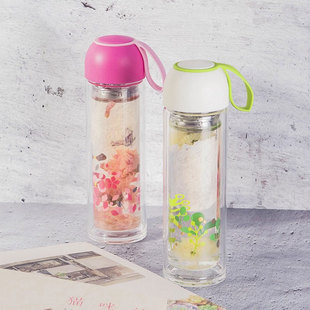 乐扣乐扣双层高硼玻璃水杯便携创意带盖办公杯子茶杯情侣杯350ml