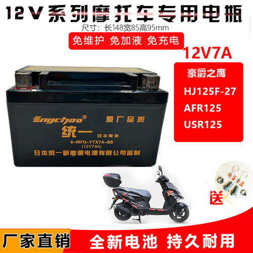 摩托车电瓶ytx7a-bs女装通用12v7ah豪爵125干蓄电池专用踏板电池