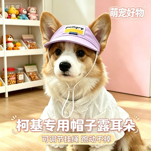 柯基专用狗狗帽子小狗宠物狗露耳朵遮阳帽小型犬太阳帽防晒棒球帽