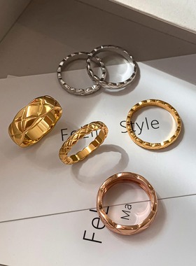 小香风玫瑰金银色菱格纹戒指