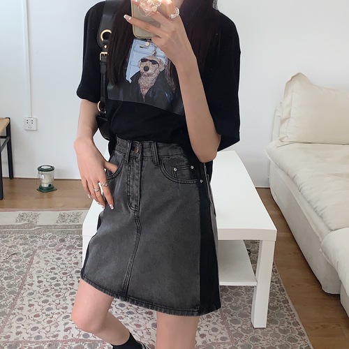 Real shooting and real price ~ splicing denim skirt, female design sense, minority retro straight tube skirt, high waist a-word wrap hip skirt