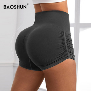 欧美抽皱提臀瑜伽短裤速干透气运动健身高弹紧身高腰三分瑜伽裤