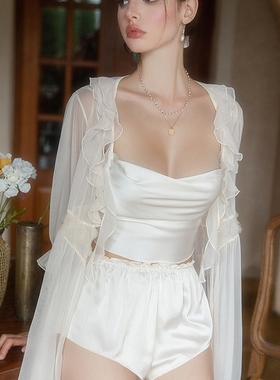 法式甜美真丝蕾丝吊带睡衣女2026新款带胸垫短裤两件套家居服套装