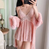 春夏新款 睡衣纯欲风性感女镂空立体丝绒花蕾丝吊带睡裙睡袍两件套