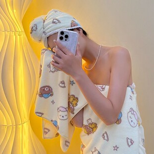 轻松熊珊瑚绒毛巾浴巾干发帽套装吸水速干家用擦身洗澡巾包头巾