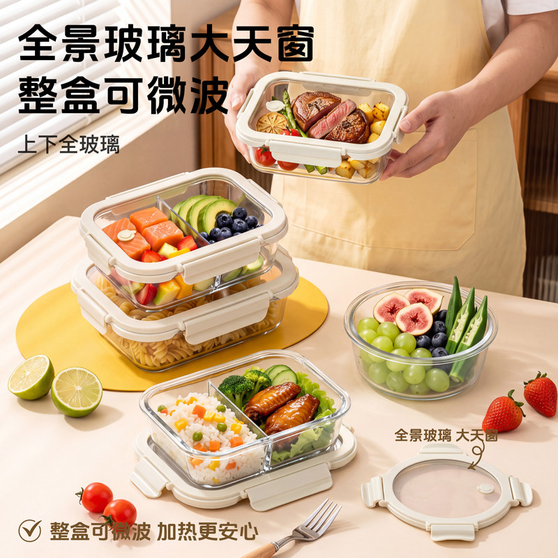 加厚玻璃保鲜盒微波炉加热上班族便当盒长方形分格餐盒密封饭盒